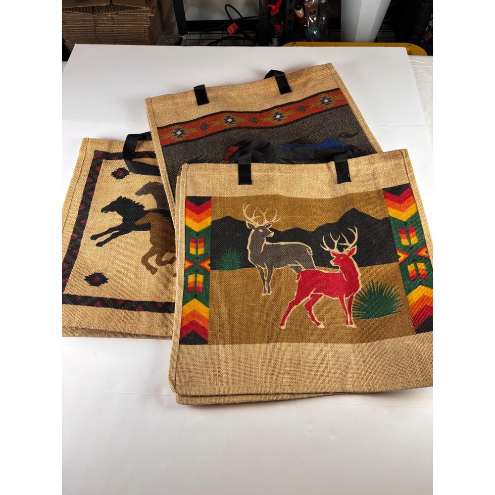 Set of 3 Southwestern Jute Tote Bags Horse Deer Burlap Reusable Shopping Bags